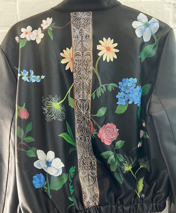 **Adult Leather Floral and Pattern Bomber Jacket (size M/L)