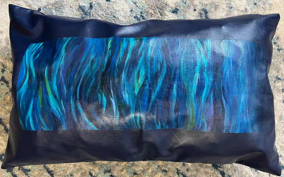 SALE- HOME - Hand-painted Leather pillow cover -Blue Waves